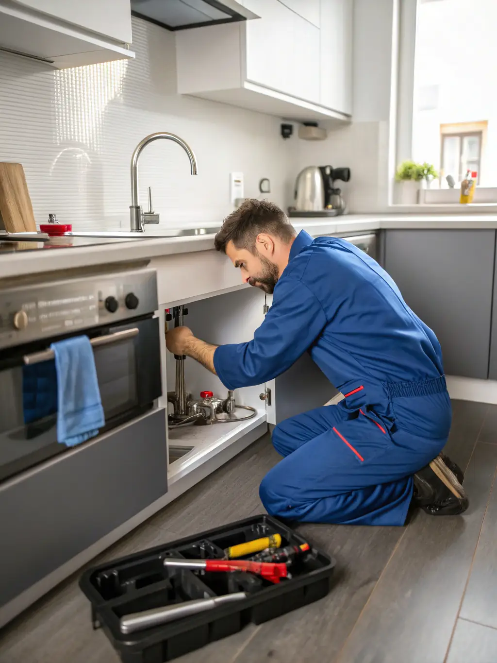 A plumber from Paballo Covenant installing new pipes in a modern bathroom, demonstrating their expertise in plumbing solutions.