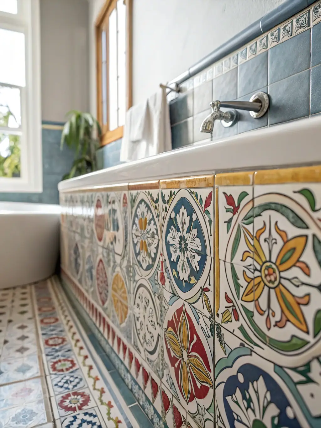 A beautifully tiled bathroom floor showcasing intricate patterns and high-quality materials, installed by Paballo Covenant Construction.