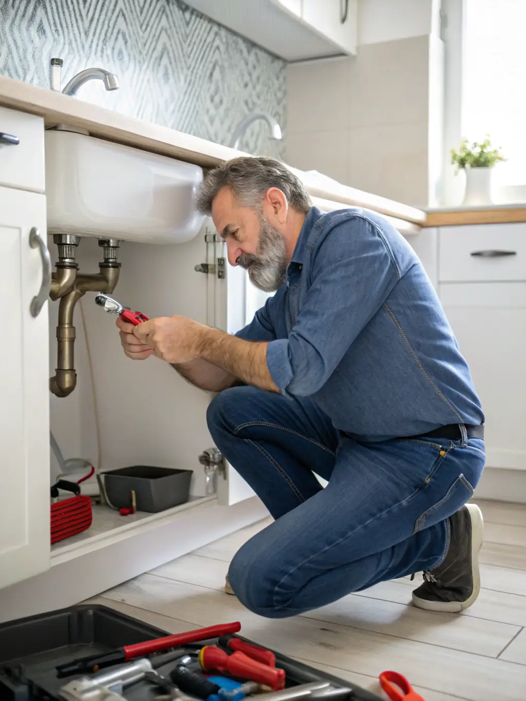 A professional plumber from Paballo Covenant fixing a pipe under a sink, ensuring efficient plumbing solutions.